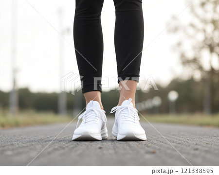 A woman wearing white shoes and black pants 121338595