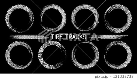 Grunge circle tire tracks, wheel braking marks. Truck, car or motorcycle tread pattern silhouettes. Auto race, motorsport, speed racing design element. Vector illustration 121338738