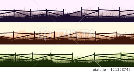 Meadow silhouettes with grass and old wooden fence. Countryside, panoramic summer lawn rural landscape with herbs, weeds. Herbal border, frame element. Brown horizontal banners. Vector illustration Meadow silhouettes with grass and old wooden fence. Countryside, panoramic summer lawn rural landscape with herbs, weeds. Herbal border, frame element. Brown horizontal banners. Vector illustration 121338745