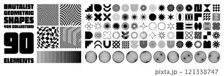 Brutalist geometric shapes, modern symbols. Groovy checkered pattern, distorted tiled grid. Simple elements, forms. Retro design, trendy contemporary minimalist style, y2k. Vector illustration Brutalist geometric shapes, modern symbols. Groovy checkered pattern, distorted tiled grid. Simple elements, forms. Retro design, trendy contemporary minimalist style, y2k. Vector illustration 121338747