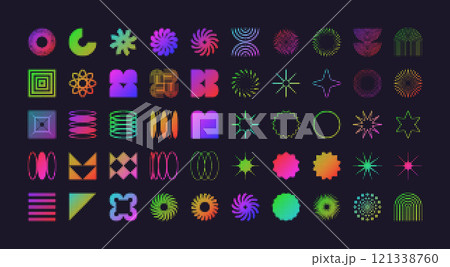 Brutalist geometric shapes, modern symbols with halftone effect. Colorful neon simple primitive elements and forms. Retro design, trendy contemporary minimalist style, y2k. Vector illustration 121338760