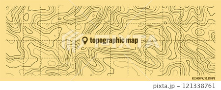 Colorful topographic map with contour lines. Geographic terrain grid, relief height elevation. Ground path pattern. Travel and navigation, cartography design element. Vector illustration Colorful topographic map with contour lines. Geographic terrain grid, relief height elevation. Ground path pattern. Travel and navigation, cartography design element. Vector illustration 121338761