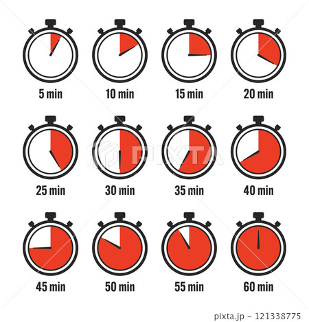 Stopwatch icons. Colorful simple chronometer, time counter with dial. Countdown timer showing hours and minutes. Deadline, measurement for sport. Cooking time label, sticker. Vector illustration 121338775