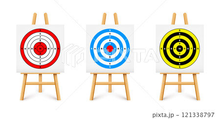 Shooting range target on a wooden easel stand. Paper target with divisions, marks and numbers. Archery, gun shooting and training, sport competition, hunting. Bullseye and aim. Vector illustration 121338797