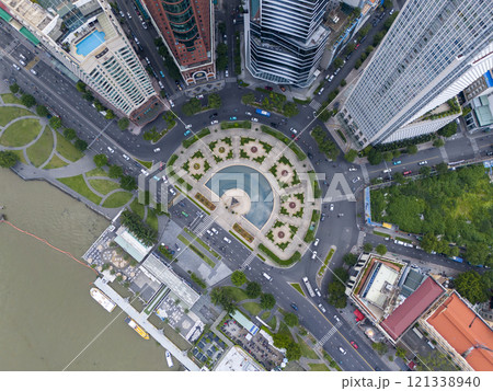 A city view with a large round plaza in the middle 121338940