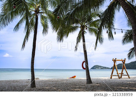 A beach with a red buoy and two palm trees A beach with a red buoy and two palm trees 121338959