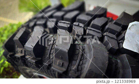 detailed image of a brand new car tire showcasing its intricate tread pattern for enhanced grip and performance 121338969