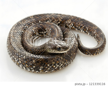 brown and black snake curled up on white background 121339116