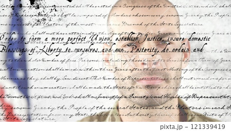 Image of united states constitution text over military personnel in camouflage uniform 121339419