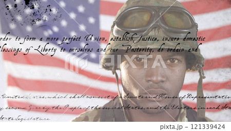 Constitution text image over soldier with American flag background 121339424