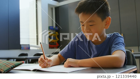 Front view of attentive Asian schoolboy studying at desk in classroom at school Front view of attentive Asian schoolboy studying at desk in classroom at school 121339440