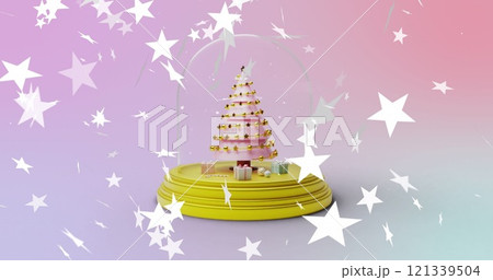 Image of stars falling over christmas tree snow globe on pink background 121339504