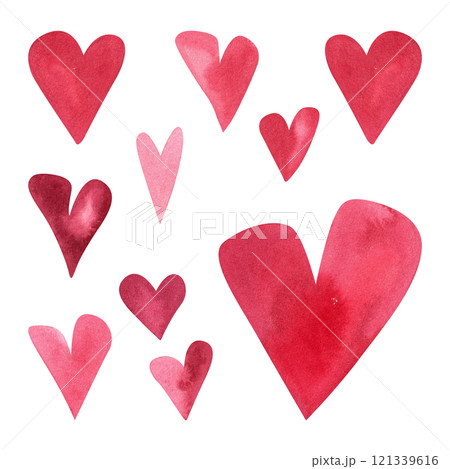 Set of hand drawn pink watercolor hearts. Clipart. Sketch style illustration for Valentine's Day. Love, passion, emotions. 121339616