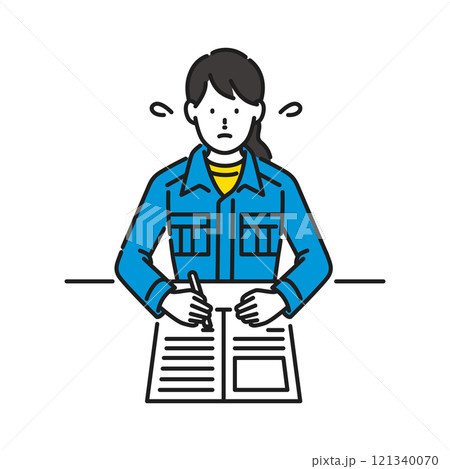 書類を書いている作業服を着た女性のイラスト 121340070
