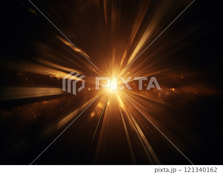 Sun flare with yellow rays and beams on dark background. Generated AI. 121340162