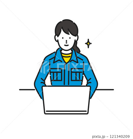 イラスト素材：作業服を着てパソコン作業をする若い女性 121340209