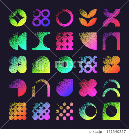 Brutalist geometric shapes, dotted objects. Stipple elements modern symbols. Neon primitive forms. Retro design, trendy contemporary minimalist style, y2k. Dot shading, drawing. Vector illustration 121340227