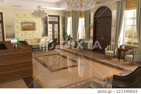 hall, hotel lobby, interior visualization, 3D illustration hall, hotel lobby, interior visualization, 3D illustration 121340683