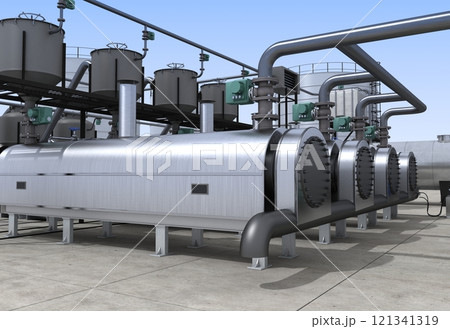 oil refinery, chemical production, waste processing plant, exterior visualization, 3D illustration, cg 121341319