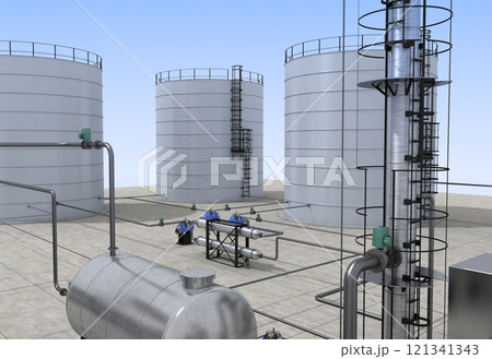 oil refinery, chemical production, waste processing plant, exterior visualization, 3D illustration, cg 121341343
