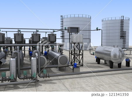 oil refinery, chemical production, waste processing plant, exterior visualization, 3D illustration, cg oil refinery, chemical production, waste processing plant, exterior visualization, 3D illustration, cg 121341350