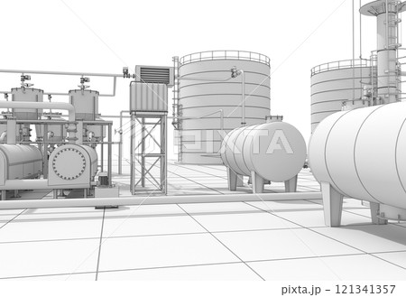 oil refinery, chemical production, waste processing plant, exterior visualization, 3D illustration, cg 121341357