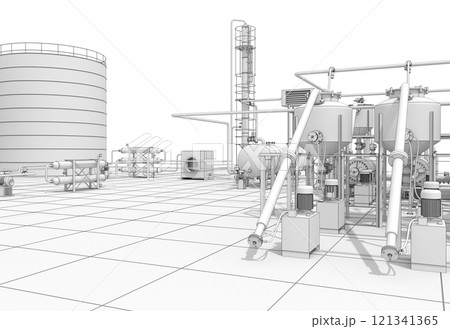 oil refinery, chemical production, waste processing plant, exterior visualization, 3D illustration, cg 121341365