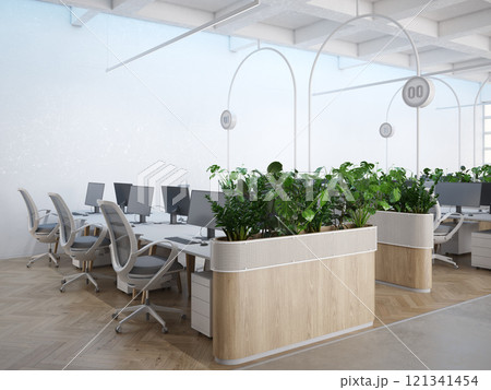 Sleek, modern office space with natural light and greenery. 121341454