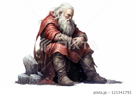 Tired man is sitting in old clothes with a white beard. Generated AI 121341791