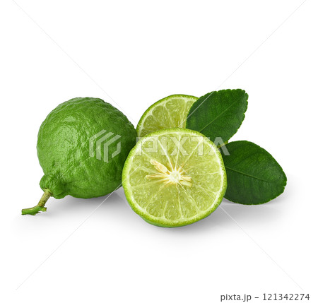 Bergamot fruit with cut in half isolated on white background. Clipping path. 121342274