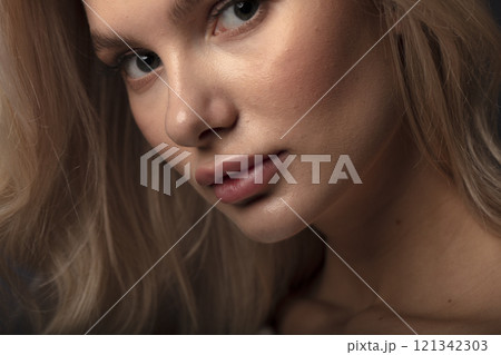 Studio photo portrait of a young pretty blonde on a dark background, close-up portrait of a woman Studio photo portrait of a young pretty blonde on a dark background, close-up portrait of a woman 121342303