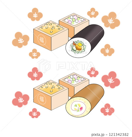 節分豆と恵方巻とロールケーキのイラスト 節分豆と恵方巻とロールケーキのイラスト 121342382