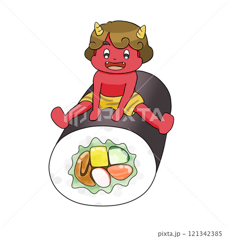 節分の恵方巻に乗る鬼のイラスト 白背景 節分の恵方巻に乗る鬼のイラスト 白背景 121342385