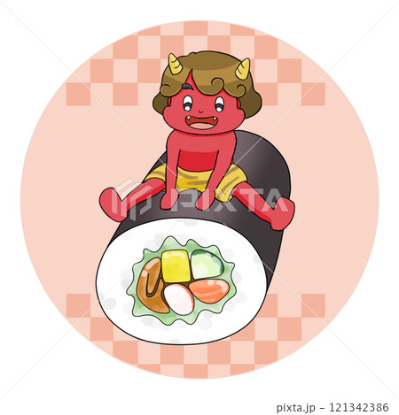 節分の恵方巻に乗る鬼のイラスト 節分の恵方巻に乗る鬼のイラスト 121342386