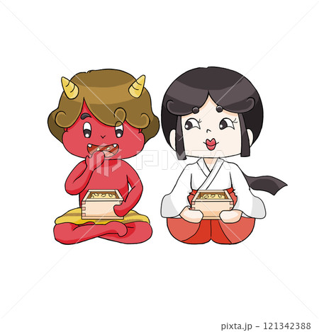 節分豆を食べる鬼と福のイラスト 白背景 節分豆を食べる鬼と福のイラスト 白背景 121342388