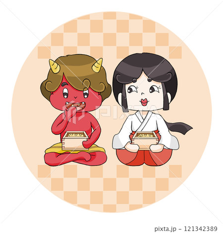 節分豆を食べる鬼と福のイラスト 節分豆を食べる鬼と福のイラスト 121342389