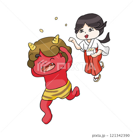 節分の豆まきをする鬼と福のイラスト 白背景 121342390