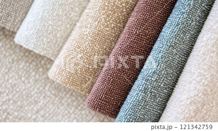 Chenille Fabric samples in various neutral colors close up arranged, texture detail, interior design palette background 121342759