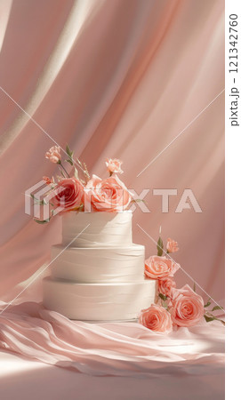 Wedding cake with beautiful flowers on solid pastel color background, copy space 121342760