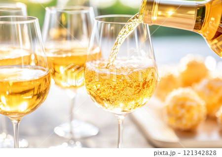 A Beautiful Arrangement of Glasses Filled with sparkling Wine Being Poured in Bright Setting 121342828