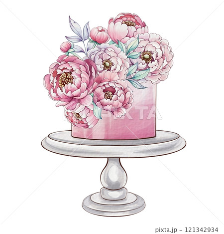 A charming cake showcases a bouquet of pink peonies elegantly arranged atop its surface, capturing a moment of sweet celebration A charming cake showcases a bouquet of pink peonies elegantly arranged atop its surface, capturing a moment of sweet celebration 121342934