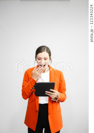 Young fun successful employee business woman corporate wear work area mock up isolated on plain white background 121343224