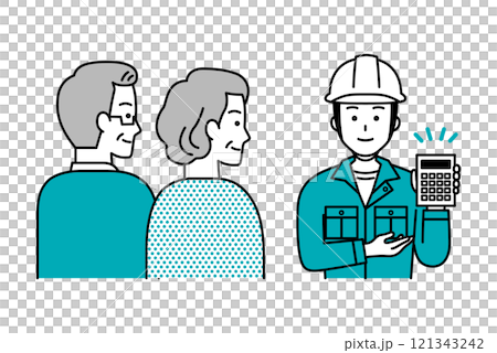 年配の夫婦に見積りを提案する作業員の男性 121343242
