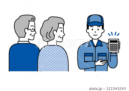 年配の夫婦に見積りを提案するつなぎ作業服の男性 年配の夫婦に見積りを提案するつなぎ作業服の男性 121343243