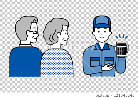 年配の夫婦に見積りを提案するつなぎ作業服の男性 年配の夫婦に見積りを提案するつなぎ作業服の男性 121343243