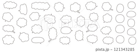 ふにゃふにゃなふきだしのベクターイラストセット。吹き出し、枠、フレーム、飾り、曲線 121343285