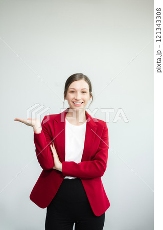Young fun successful employee business woman corporate wear work area mock up isolated on plain white background 121343308