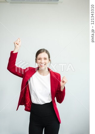 Young fun successful employee business woman corporate wear work area mock up isolated on plain white background 121343310