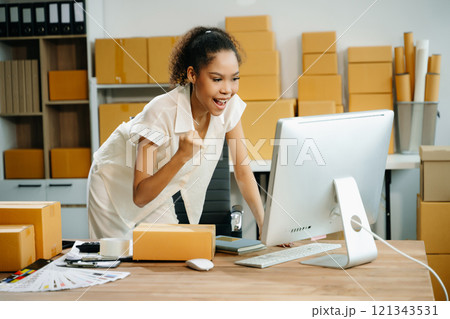 Startup small business SME, Entrepreneur owner woman using smartphone or tablet taking receive 121343531