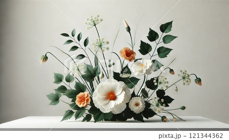 柔らかな白い背景に、オレンジ色の花と白い花 121344362